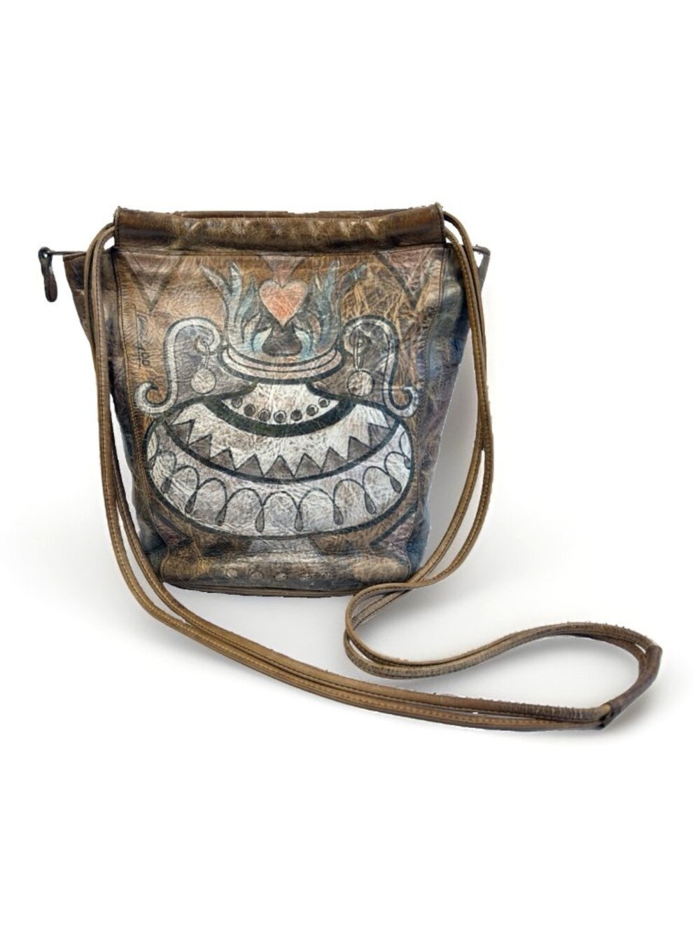VTG Jane Yoo Hand Painted Leather Bucket Bag Shoulder Purse Art To Wear Folk Art